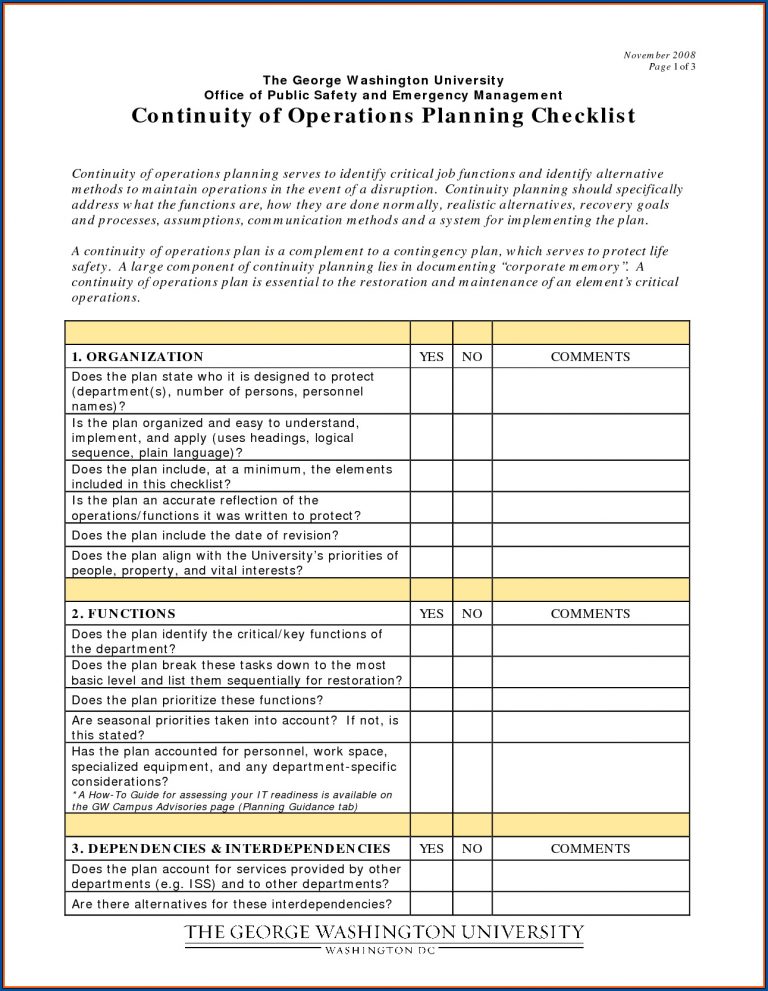 √ Free Printable Business Continuity Plan Checklist Template ...