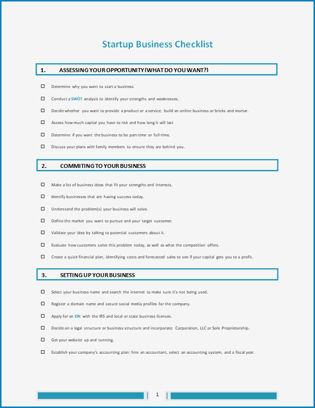 Free Printable Business Startup Checklist Template