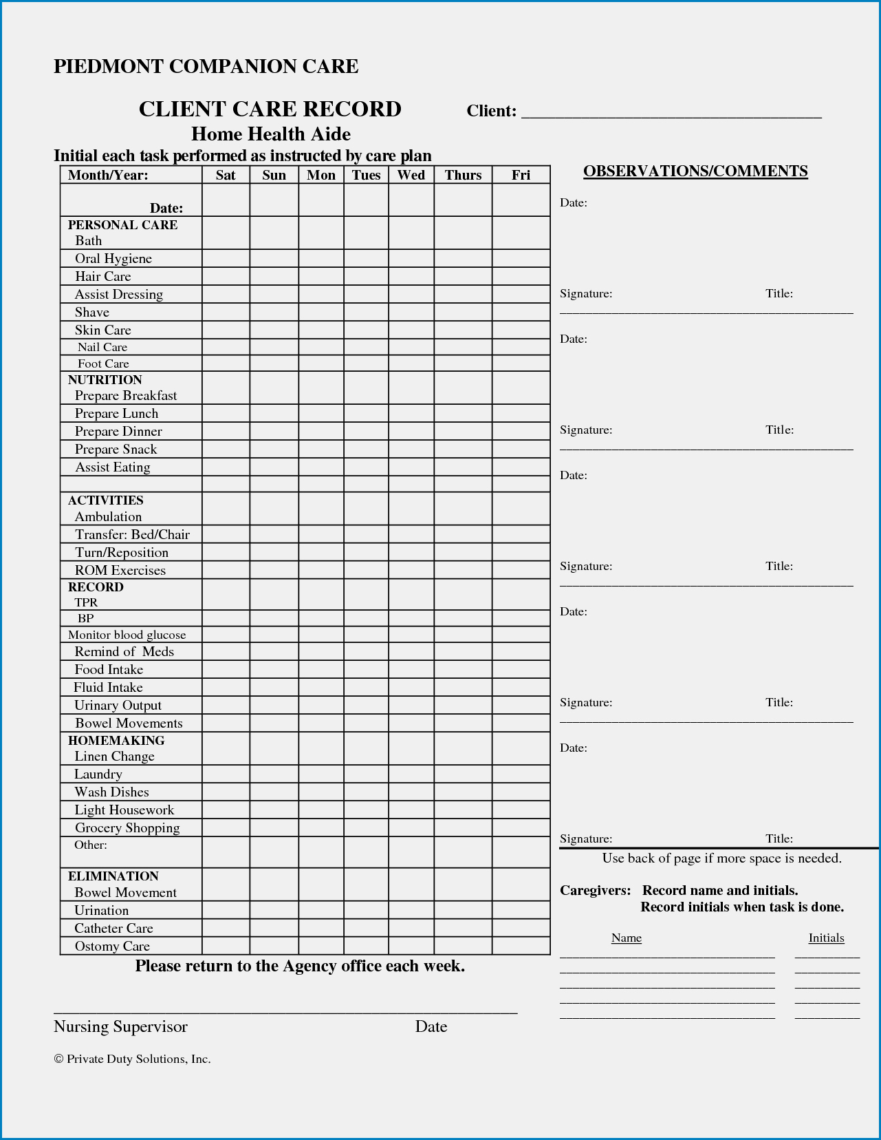 Caregiver Daily Checklist Template Sample