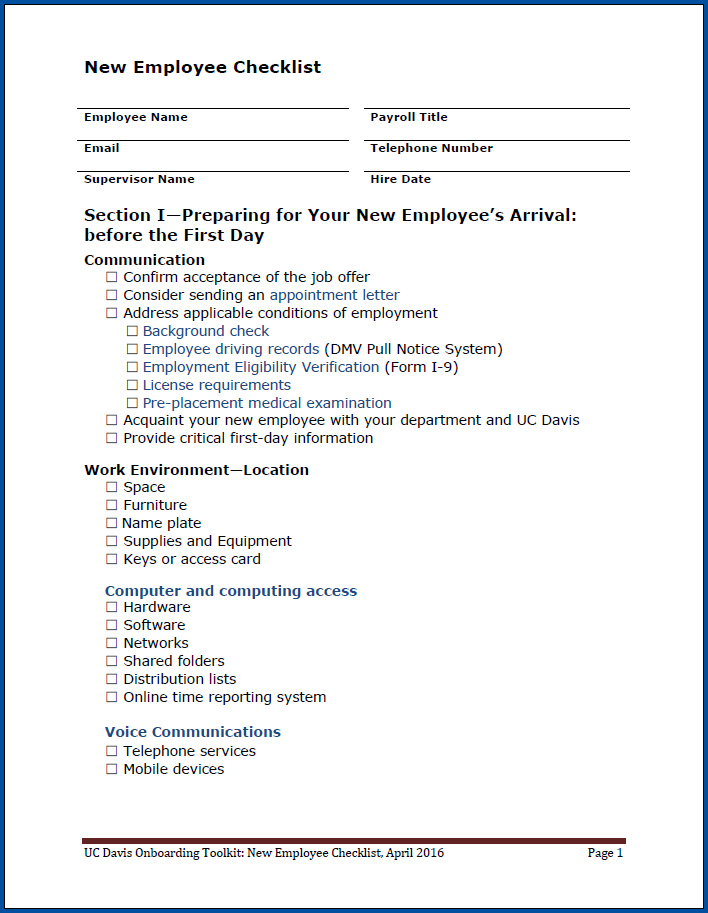 Free Printable Employment Checklist Template