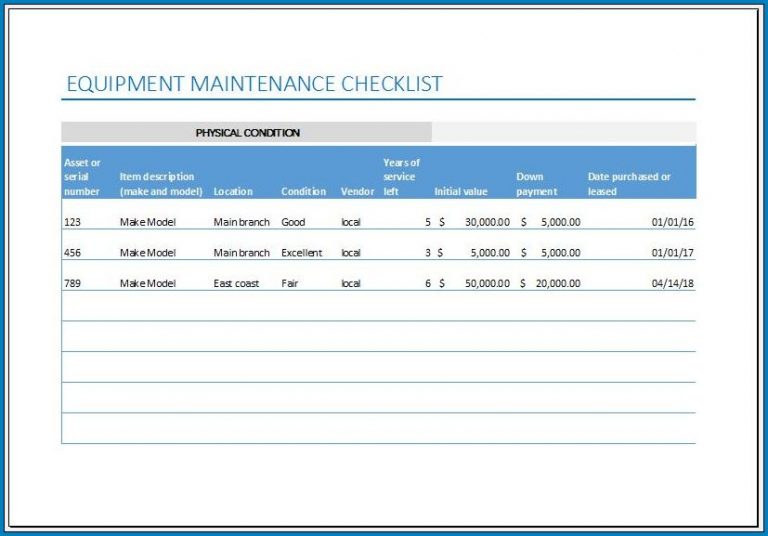 √ Free Printable Equipment Checklist Template Checklist Templates