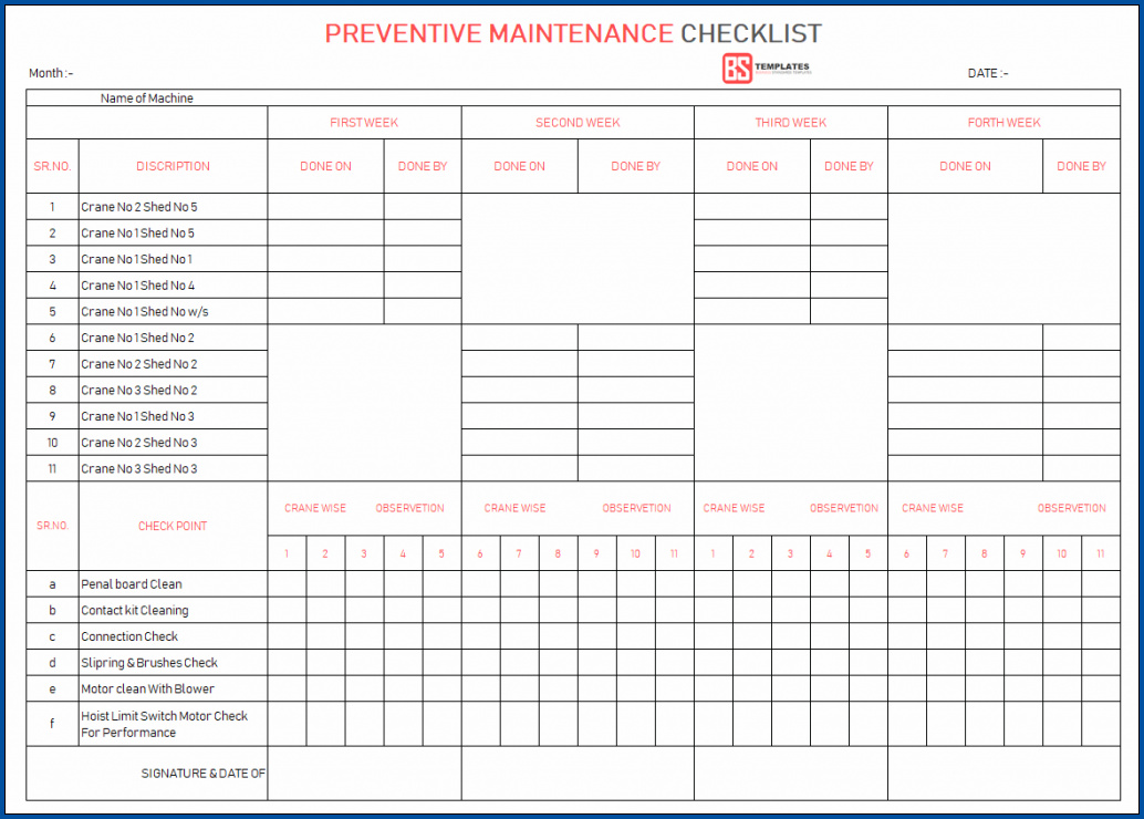 Equipment Preventive Maintenance Checklist Template Sample