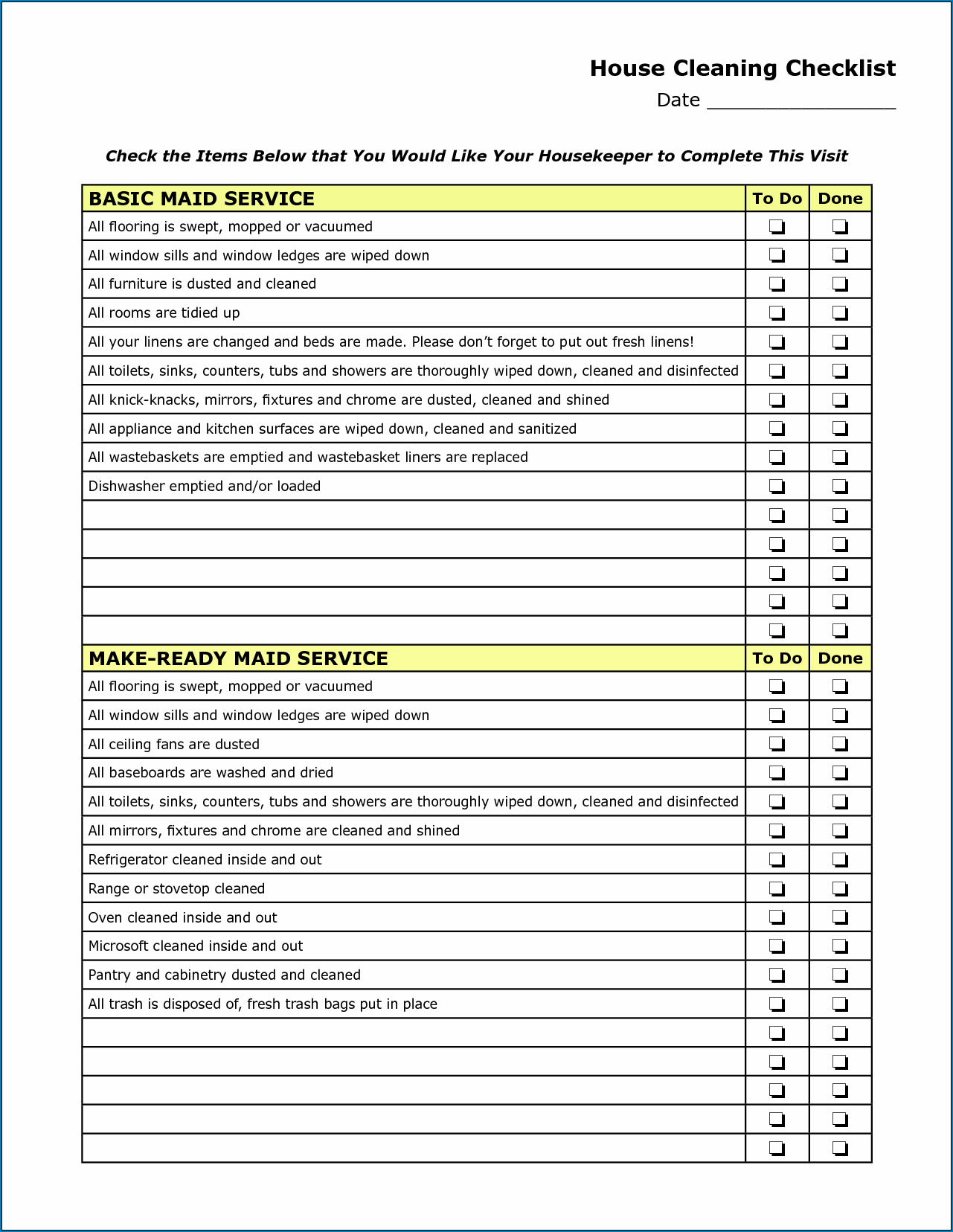 Example of Cleaning Service Checklist Template