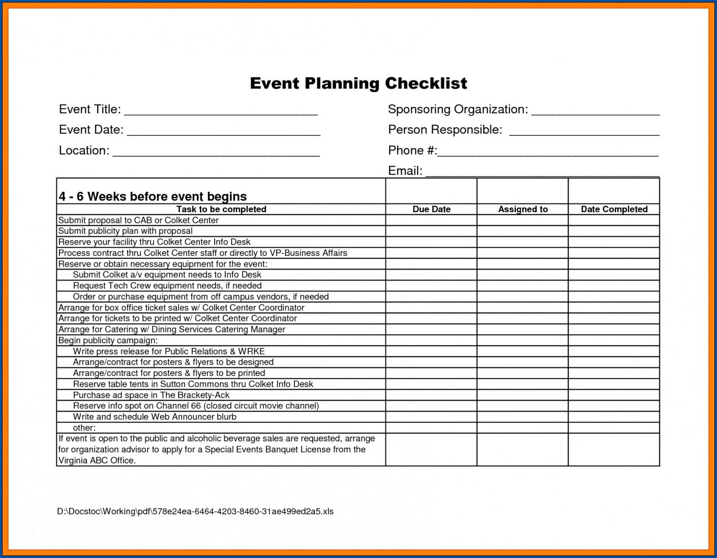 Example of Event Planning Checklist Template
