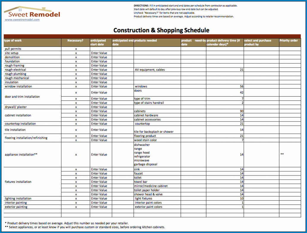 Example of Home Renovation Checklist Template