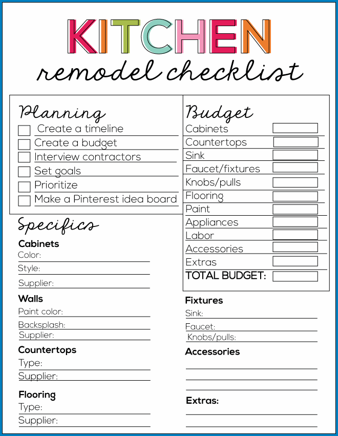 Example of Kitchen Remodel Checklist Template