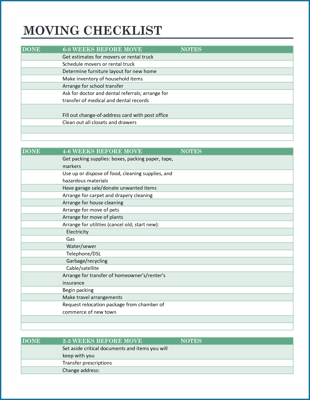 Example of Moving Checklist Template