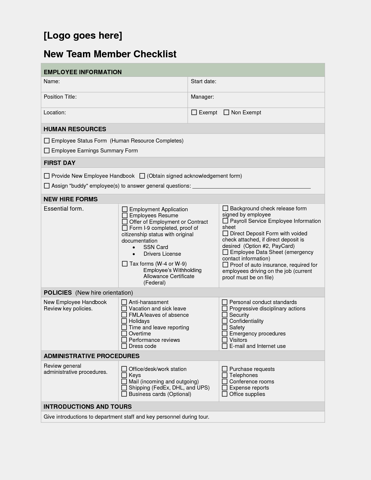 Example of New Hire Checklist Template Word