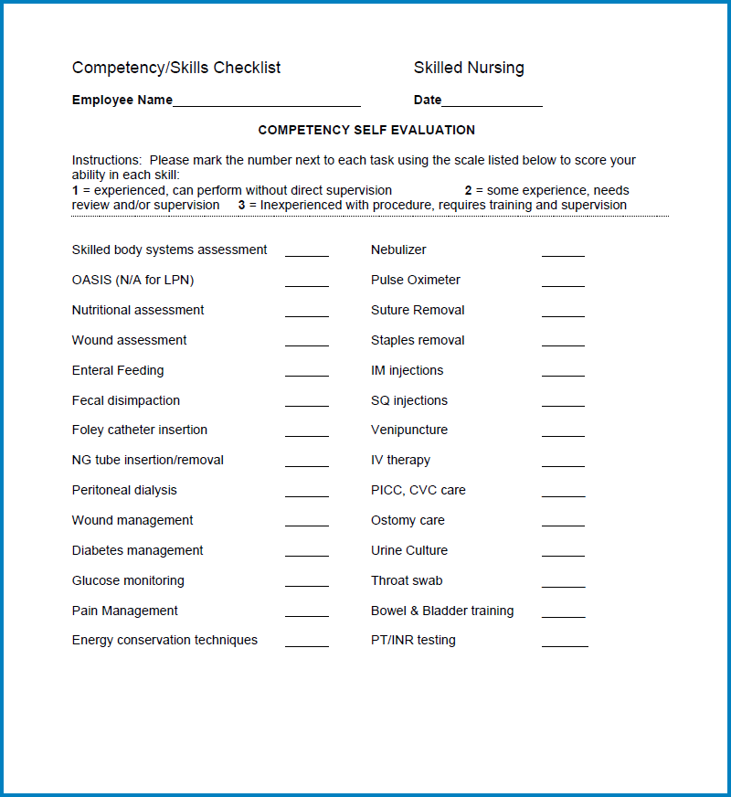 √ Free Printable Nurse Skills Checklist Template Checklist Templates