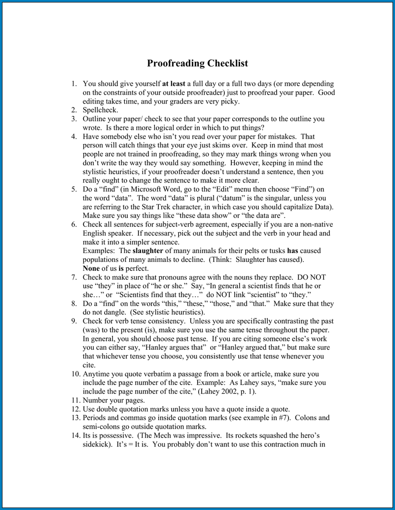 Example of Proofreading Checklist Template