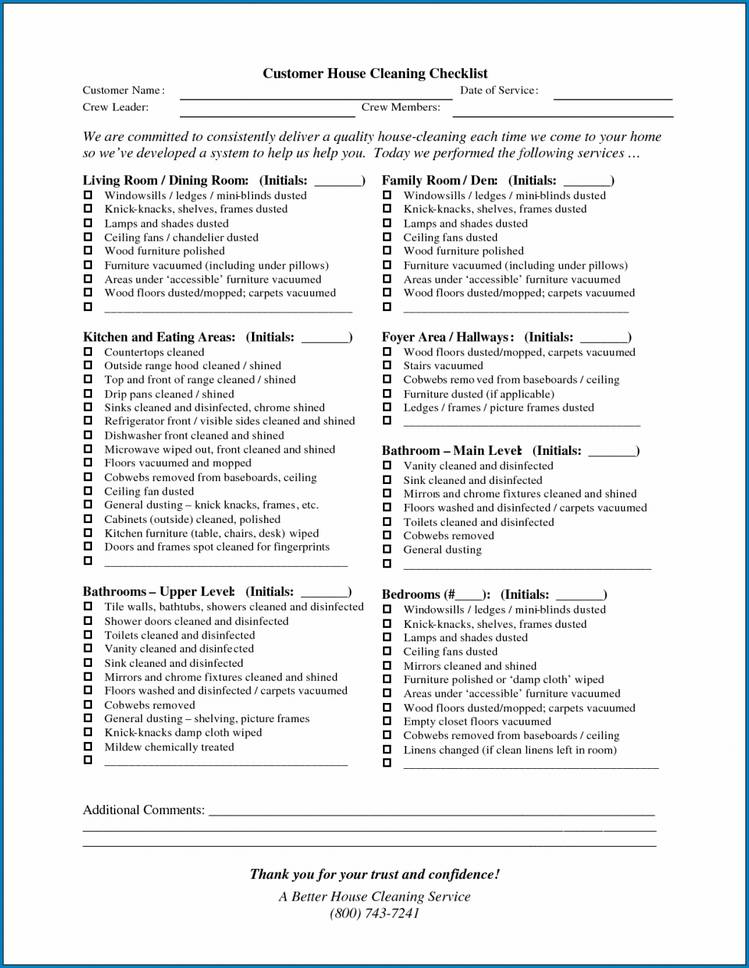 Example of Residential Cleaning Checklist Template