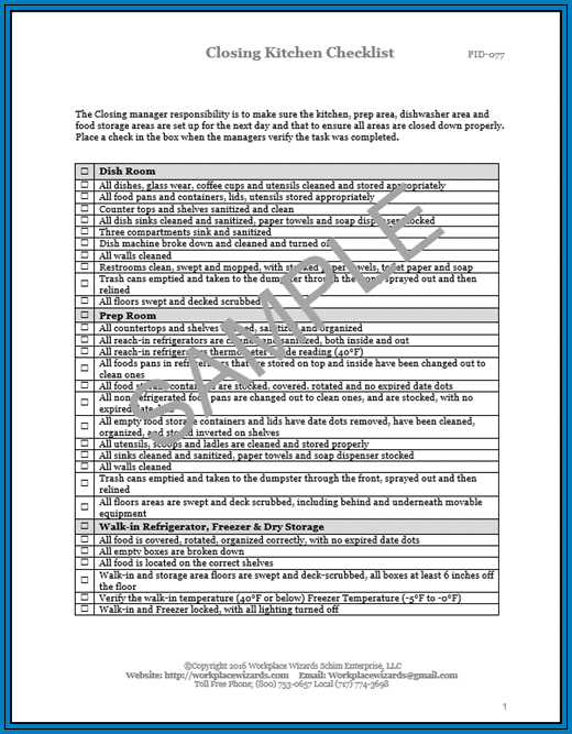 Example of Restaurant Closing Checklist Template