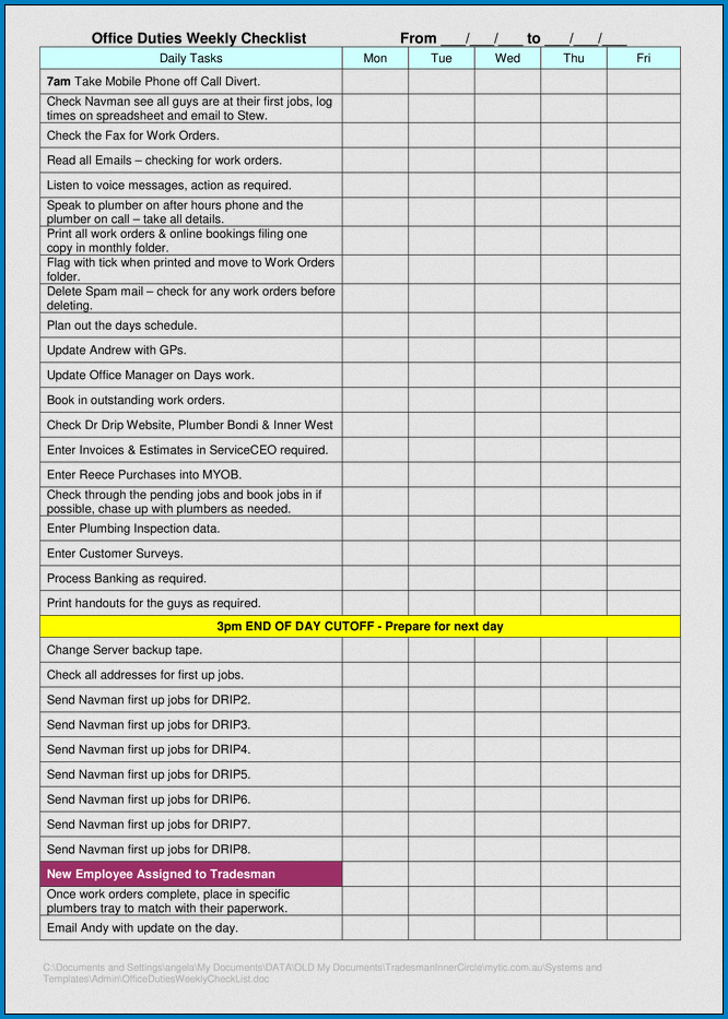 Example of System Administrator Daily Checklist Template