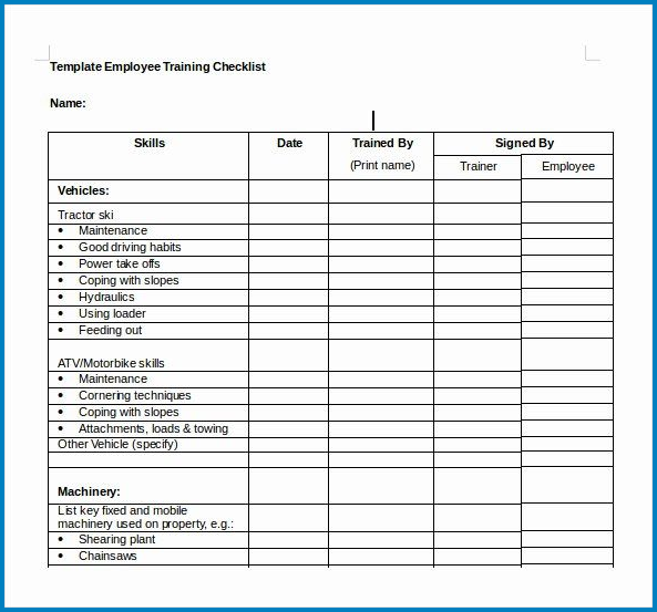 Example of Training Checklist Template