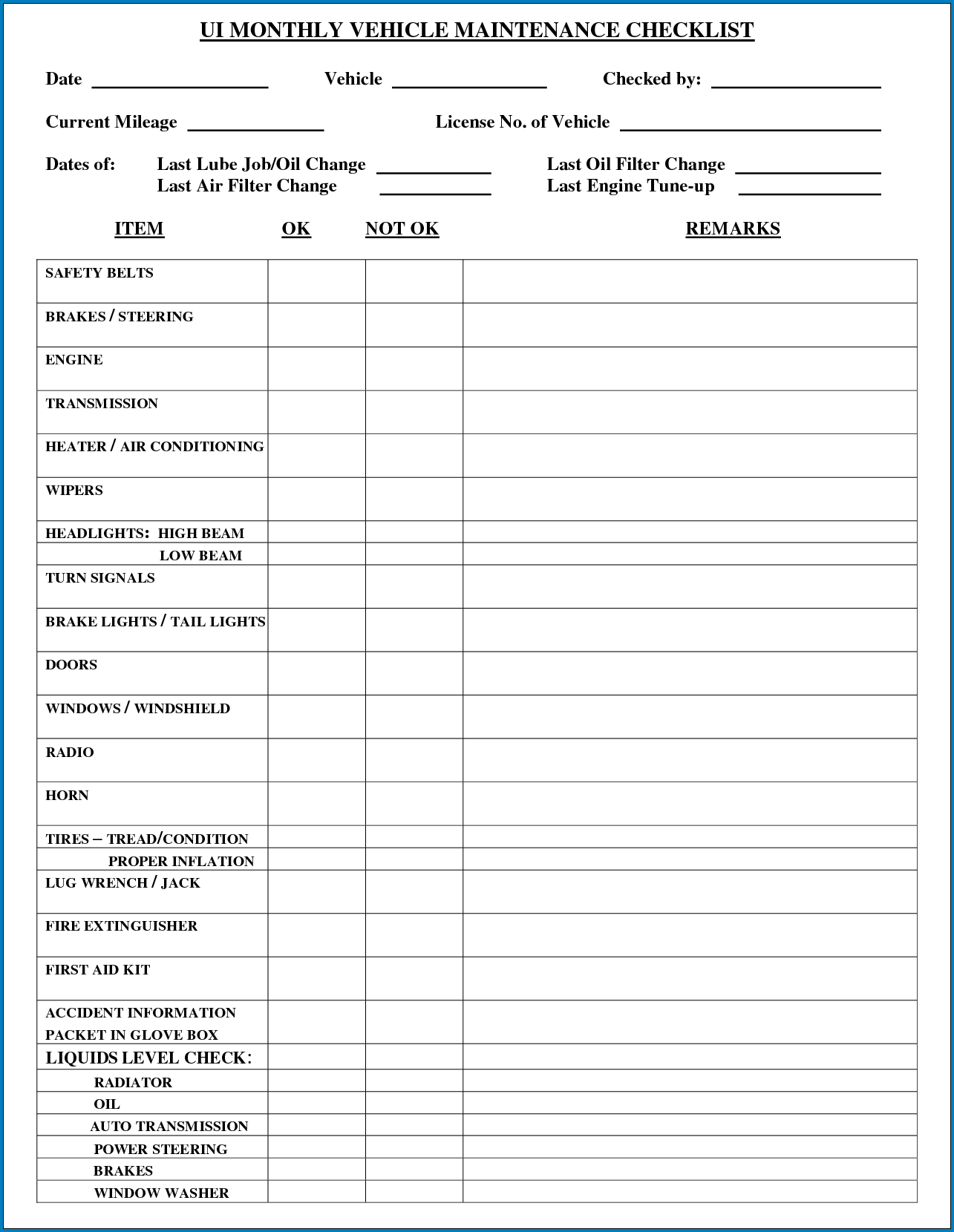 Example of Truck Maintenance Checklist Template