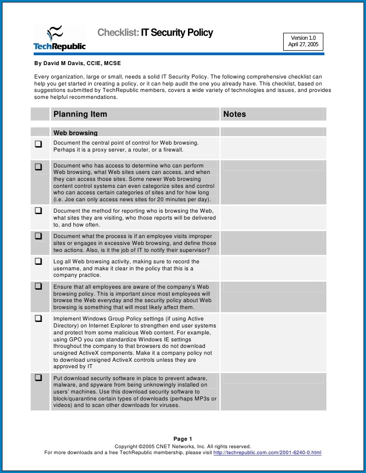 IT Security Checklist Template Sample