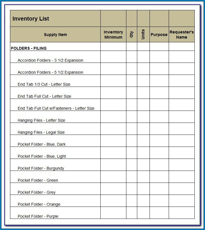 Inventory Checklist Template Example