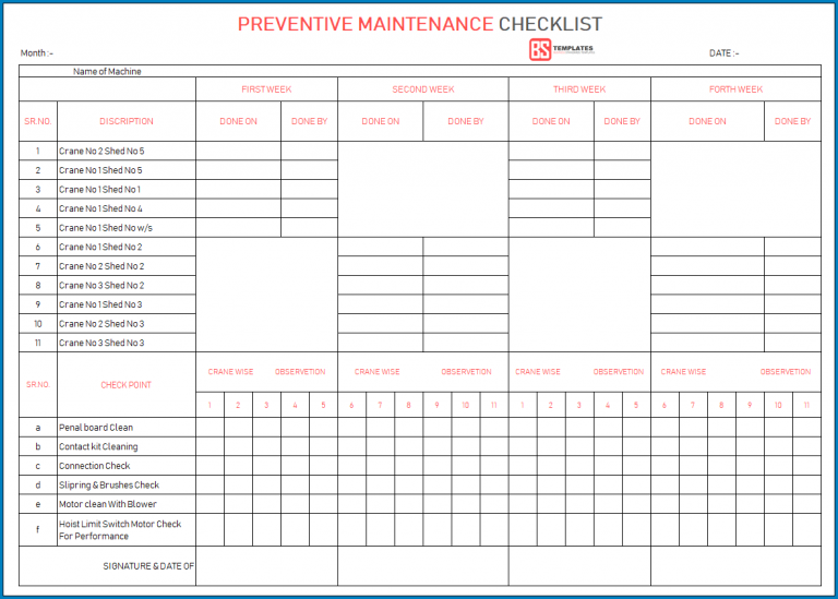 Free Printable Maintenance Checklist Template