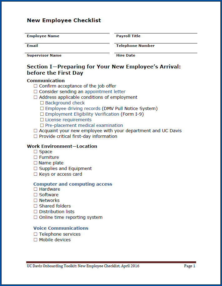 Free Printable New Employee Checklist Template