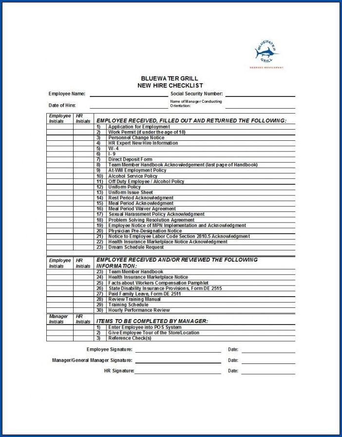 New Hire Checklist Template Example