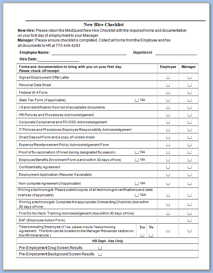 √ Free Printable New Hire Checklist Template | Checklist Templates