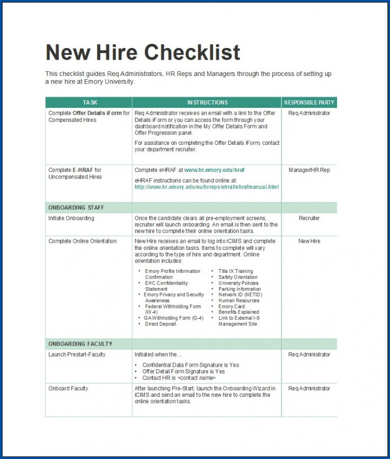 New Hire Employee Checklist Template Sample
