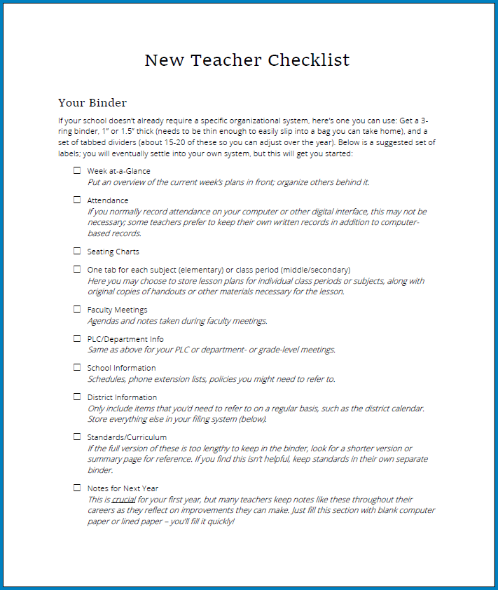 Free Printable New Teacher Checklist Template