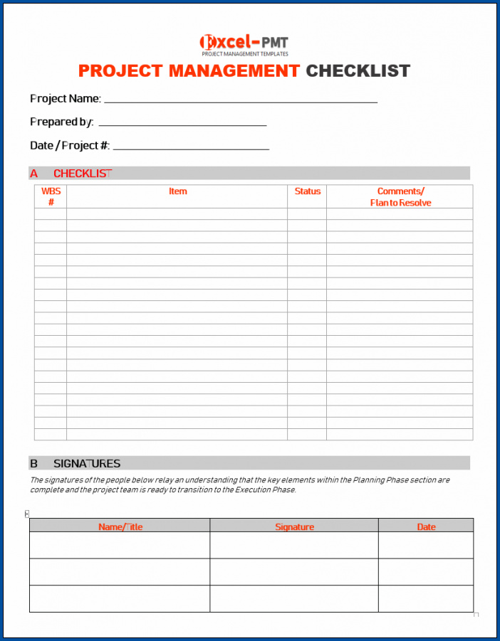 Project Checklist Template Example