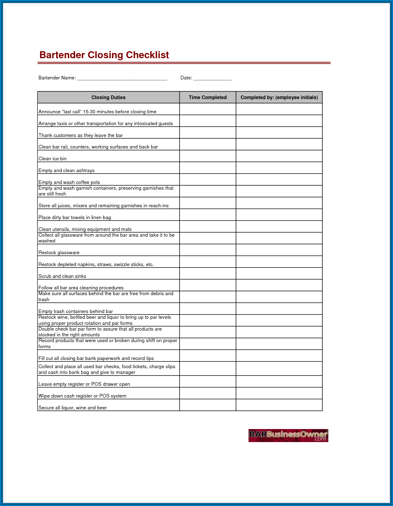 Restaurant Closing Checklist Template Example