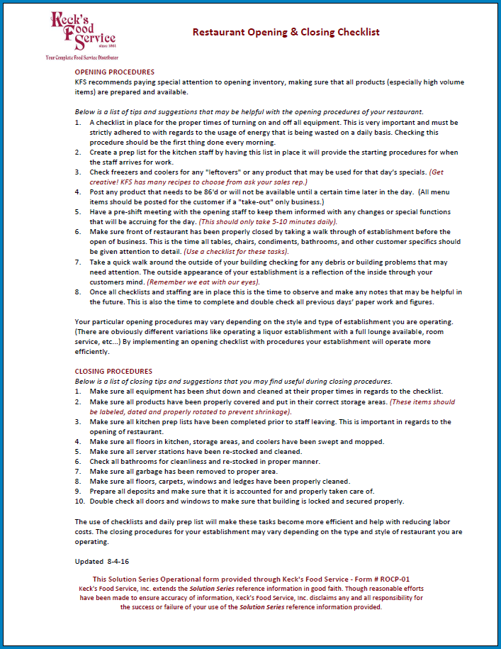 Free Printable Restaurant Closing Checklist Template