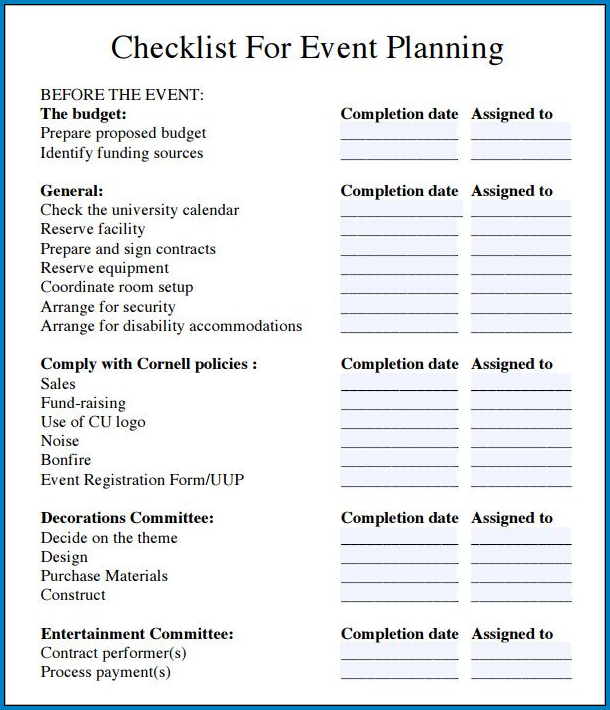 Sample of Corporate Event Planning Checklist Template