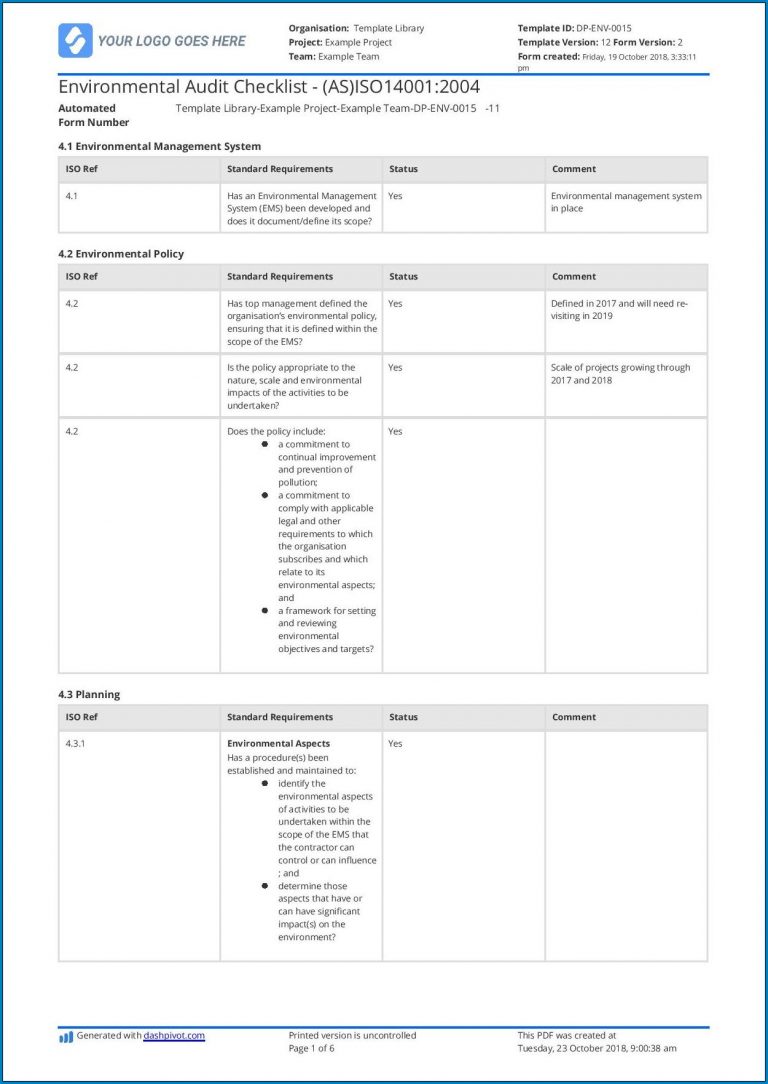 √ Free Printable Environmental Compliance Audit Checklist Template ...