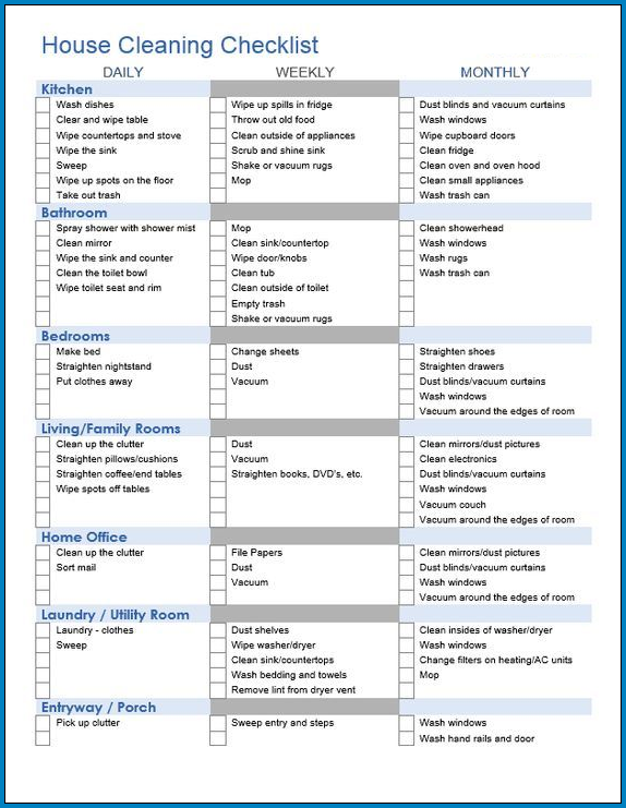 Sample of House Cleaning Checklist Template