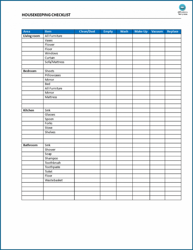 √ Free Printable Housekeeping Checklist Template | Checklist Templates