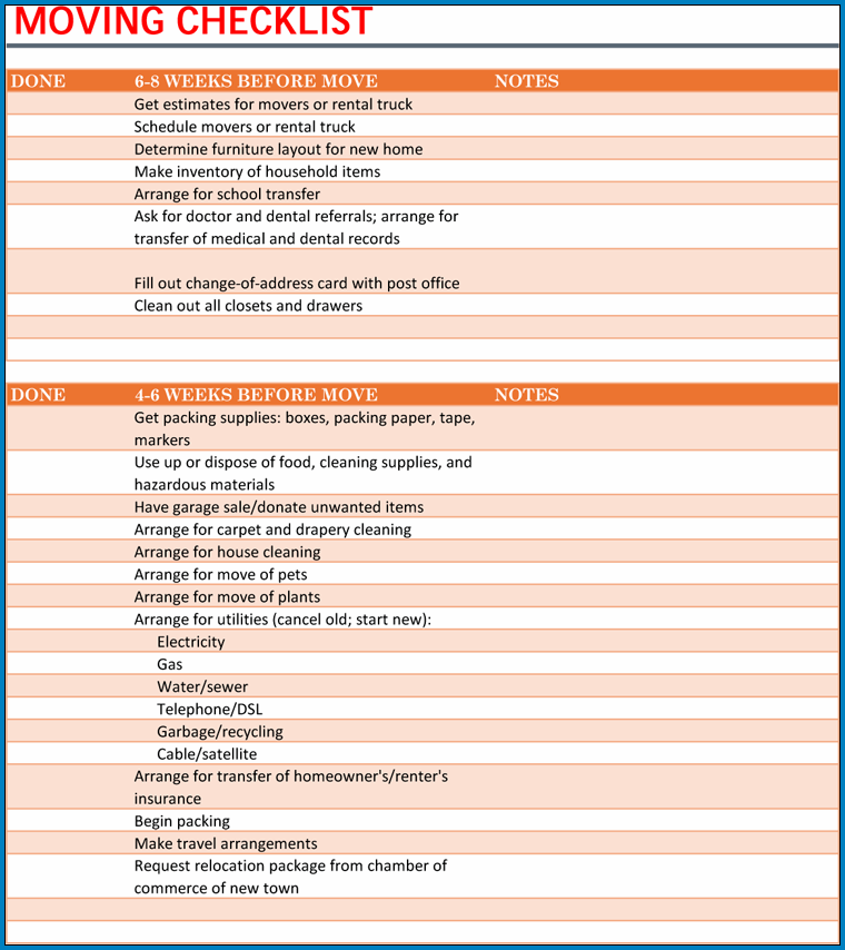 Sample of Moving Checklist Template