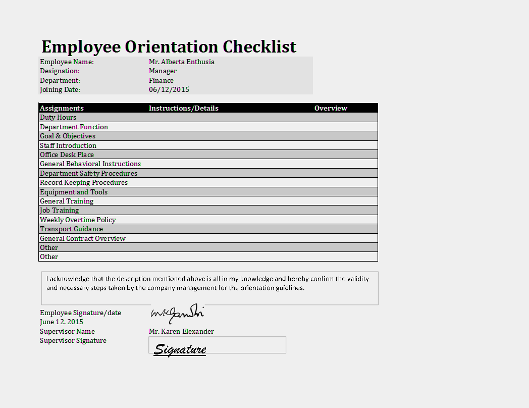 Sample of New Hire Checklist Template Word