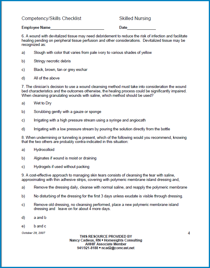 Sample of Nurse Skills Checklist Template