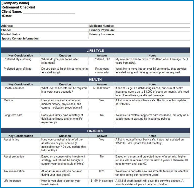 Sample of Retirement Checklist Template
