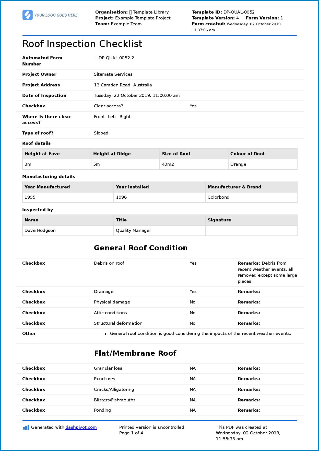 Sample of Roofing Checklist Template