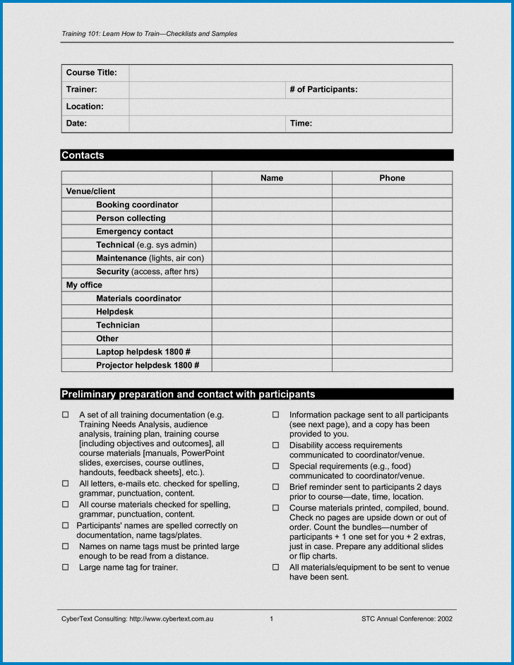 Sample of Training Checklist Template