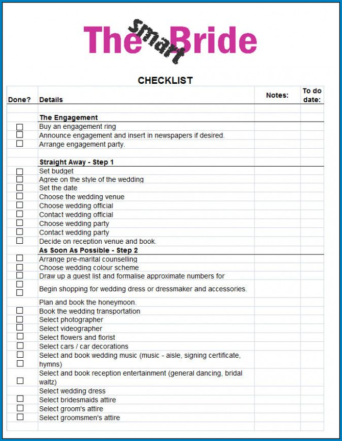 Sample of Wedding Checklist Template Excel