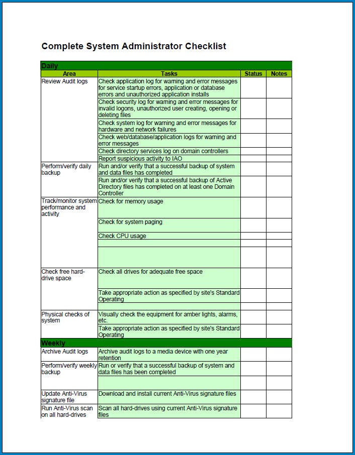 Free Printable System Administrator Daily Checklist Template