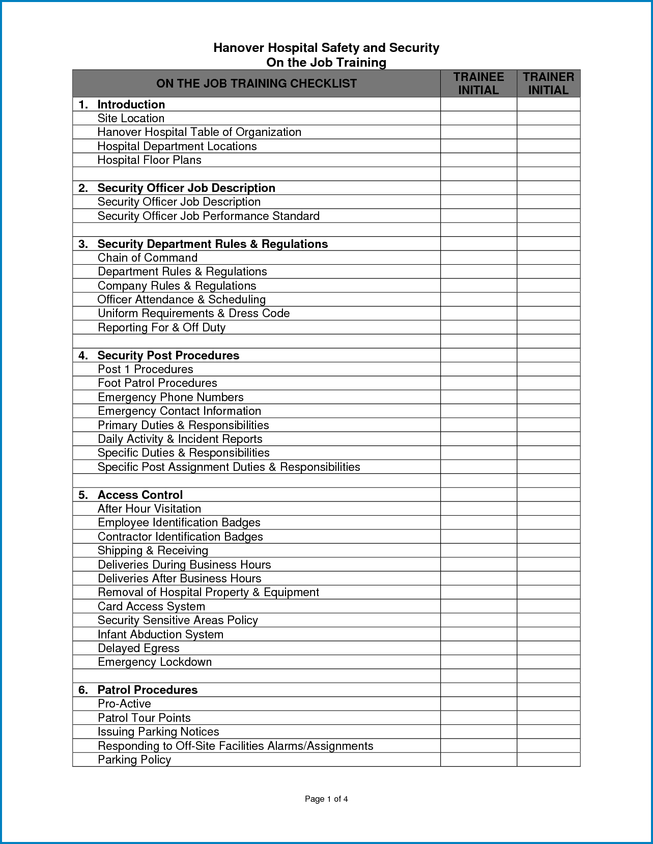 Training Checklist Template Example