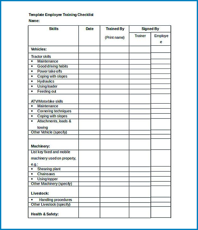 Training Checklist Template Sample