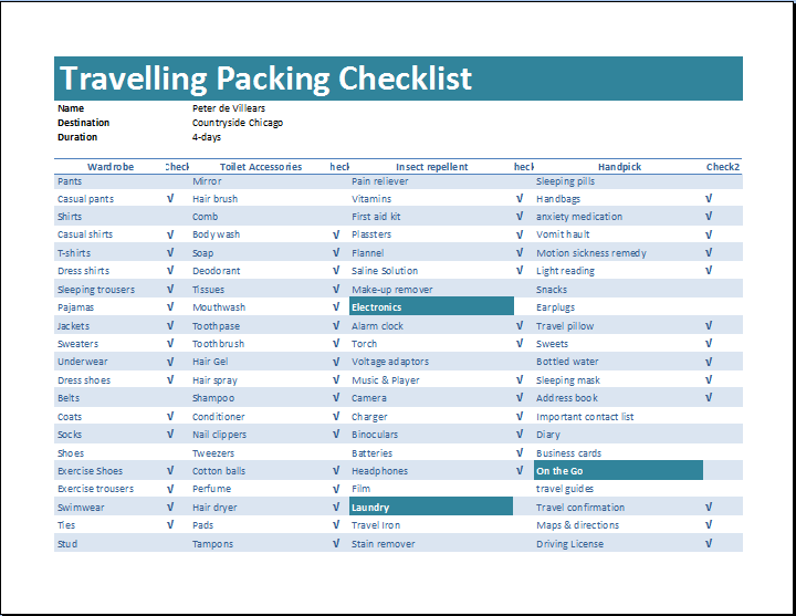 Traveling Checklist Template Example