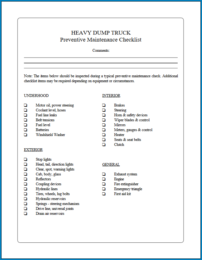 Free Printable Truck Maintenance Checklist Template