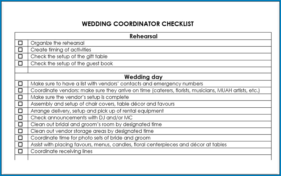  Free Printable Wedding Coordinator Checklist Template Checklist 