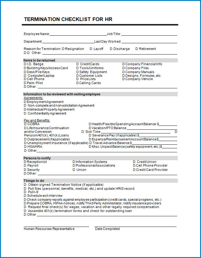 free printable termination checklist template